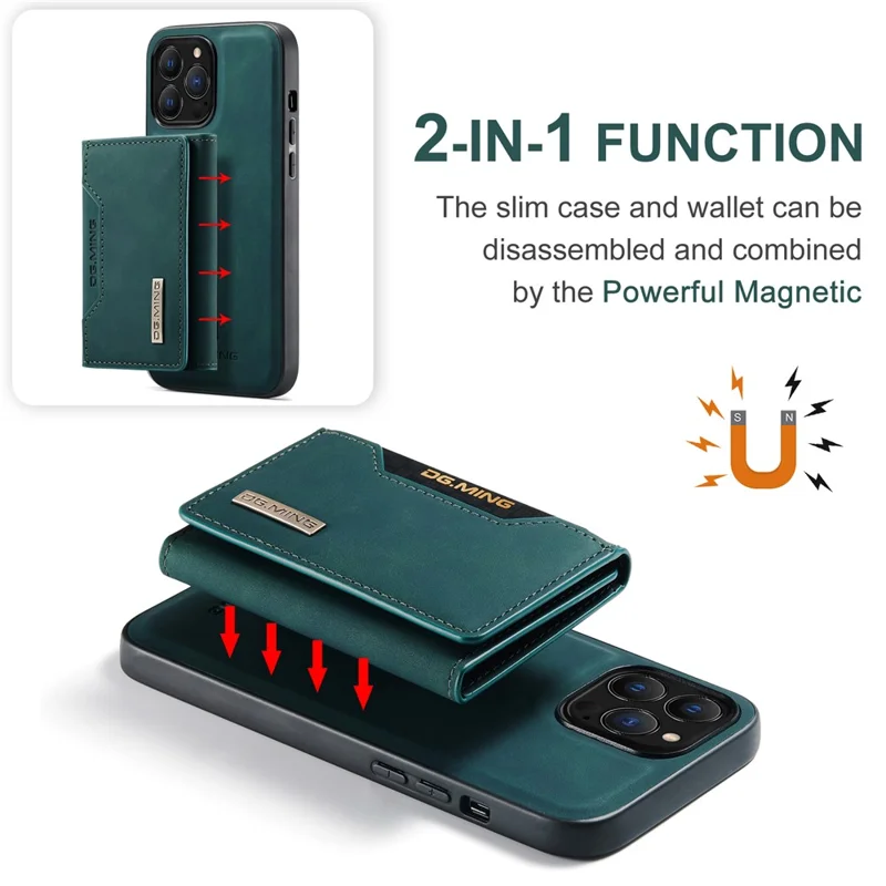 DG.MING M2 Série pour iPhone 16 Pro Max Case PU+PC+TPU Phone Cover Détachable Portefeuille - Vert