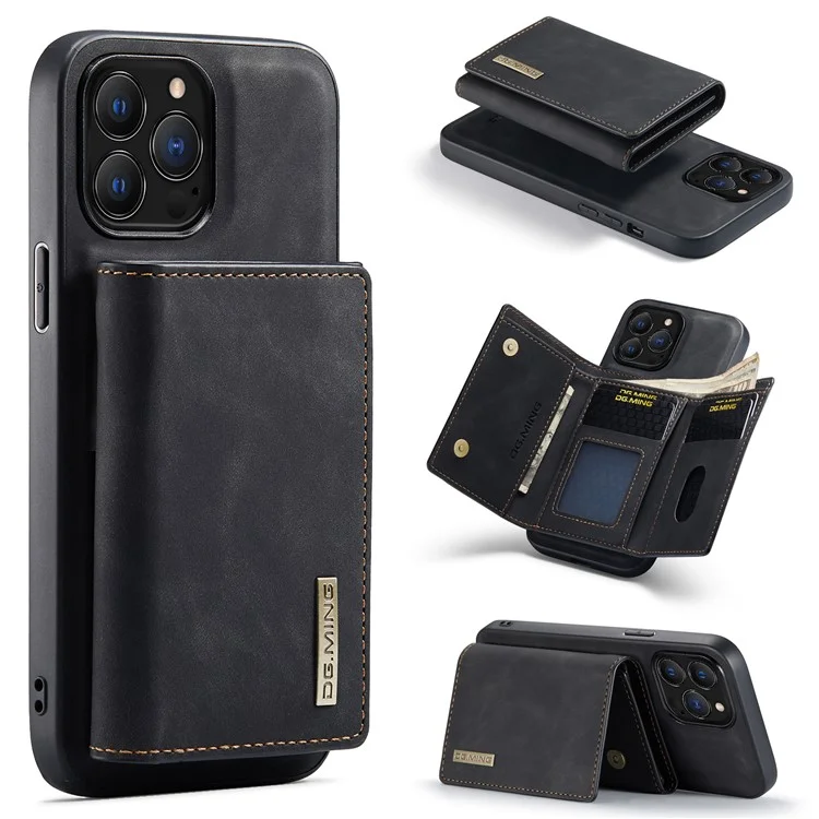 DG.MING M1 Series for iPhone 16 Pro Max Case Kickstand PU Phone Cover with Detachable Wallet - Black