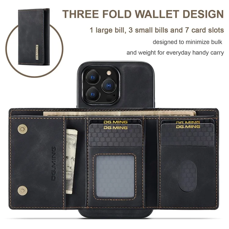 DG.MING M1 Series for iPhone 16 Pro Max Case Kickstand PU Phone Cover with Detachable Wallet - Black
