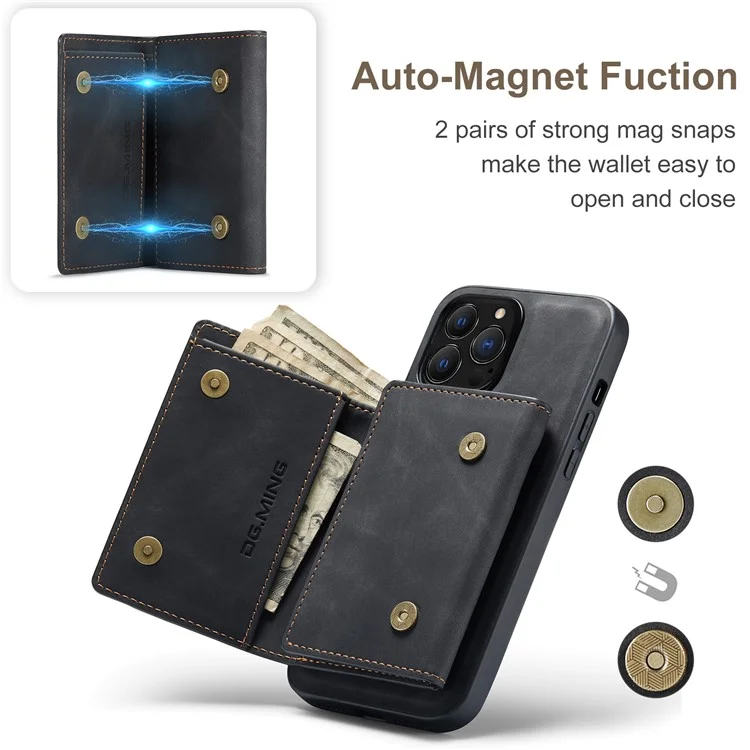DG.MING M1 Series for iPhone 16 Pro Max Case Kickstand PU Phone Cover with Detachable Wallet - Black