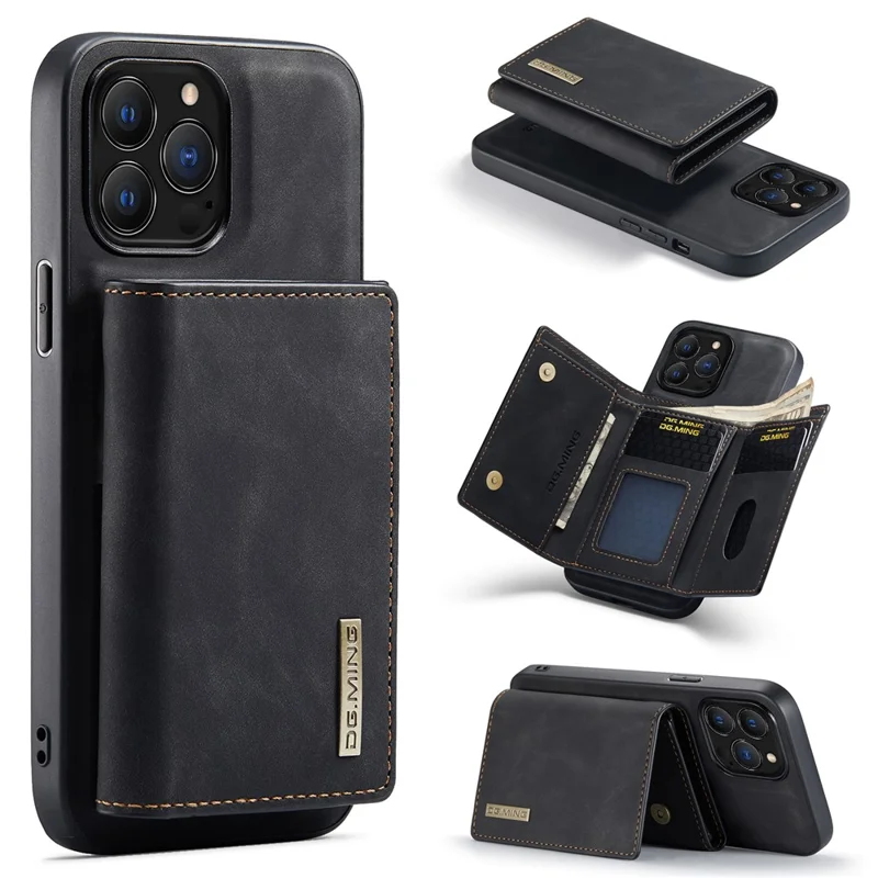 DG.MING M1 Series for iPhone 16 Pro Case Kickstand PU Phone Cover with Detachable Wallet - Black
