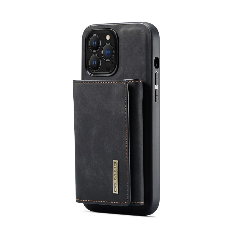 DG.MING M1 Series for iPhone 16 Pro Case Kickstand PU Phone Cover with Detachable Wallet - Black
