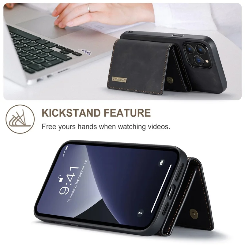 DG.MING M1 Series for iPhone 16 Pro Case Kickstand PU Phone Cover with Detachable Wallet - Black