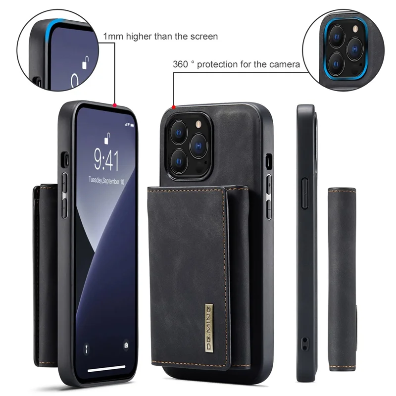 DG.MING M1 Series for iPhone 16 Pro Case Kickstand PU Phone Cover with Detachable Wallet - Black