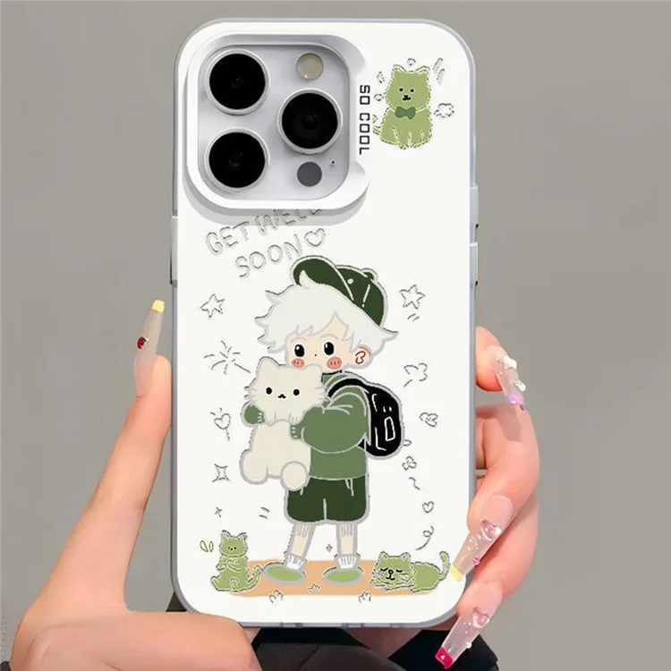 For iPhone 15 Pro Max Case Couple Style Drop-Proof PC Cell Phone Cover - Boy and Cat