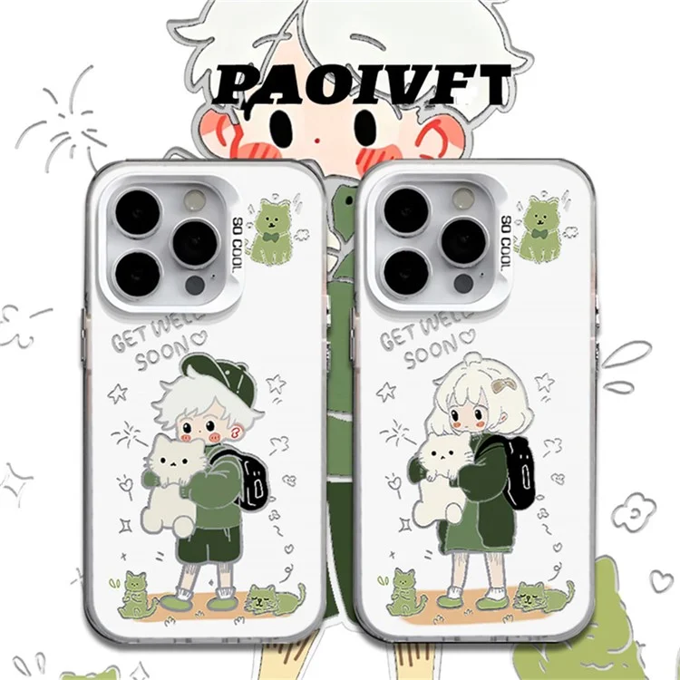 For iPhone 15 Pro Max Case Couple Style Drop-Proof PC Cell Phone Cover - Boy and Cat