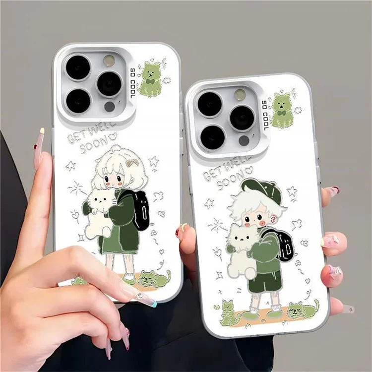 For iPhone 15 Pro Case Cartoon Pattern Anti-Drop PC Cell Phone Cover - Girl and Cat