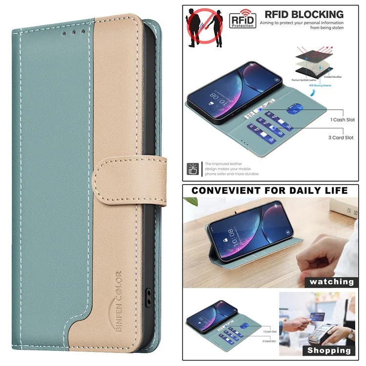 BINFEN COLOR BF33 para Samsung Galaxy A16 5G / A16 4G Funda de cuero Splicing Color RFID Blocking - Verde