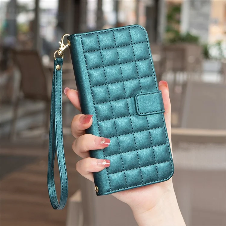 BINFEN COLOR BF34 para Samsung Galaxy A16 5G / A16 4G Estuche de Cuero Cartera Cuadrícula Cuadrada Funda Teléfono - Verde