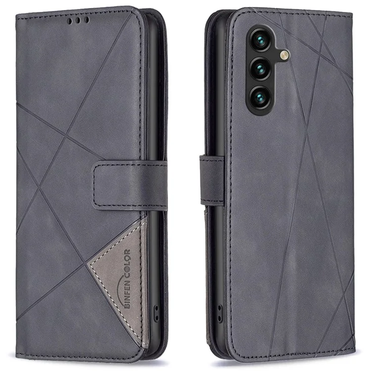 BINFEN COLOR BF05 Para Samsung Galaxy A16 5G / A16 4G Funda Línea Geométrica Funda de Teléfono de Cuero PU - Negro