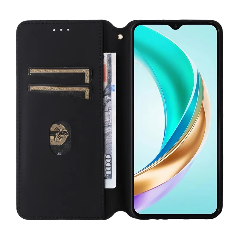 For Honor X6b 4G Anti-Scratch PU Leather Case Rhombus Imprinted Wallet Stand Phone Cover - Black