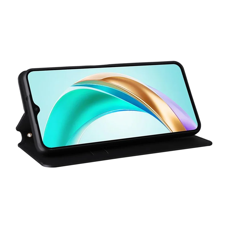 For Honor X6b 4G Anti-Scratch PU Leather Case Rhombus Imprinted Wallet Stand Phone Cover - Black