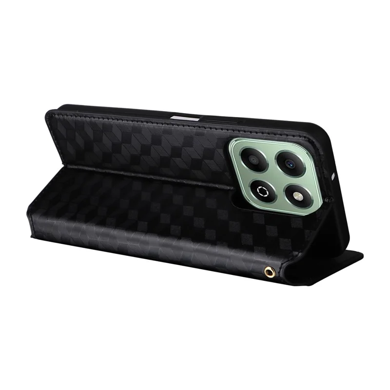 For Honor X6b 4G Anti-Scratch PU Leather Case Rhombus Imprinted Wallet Stand Phone Cover - Black