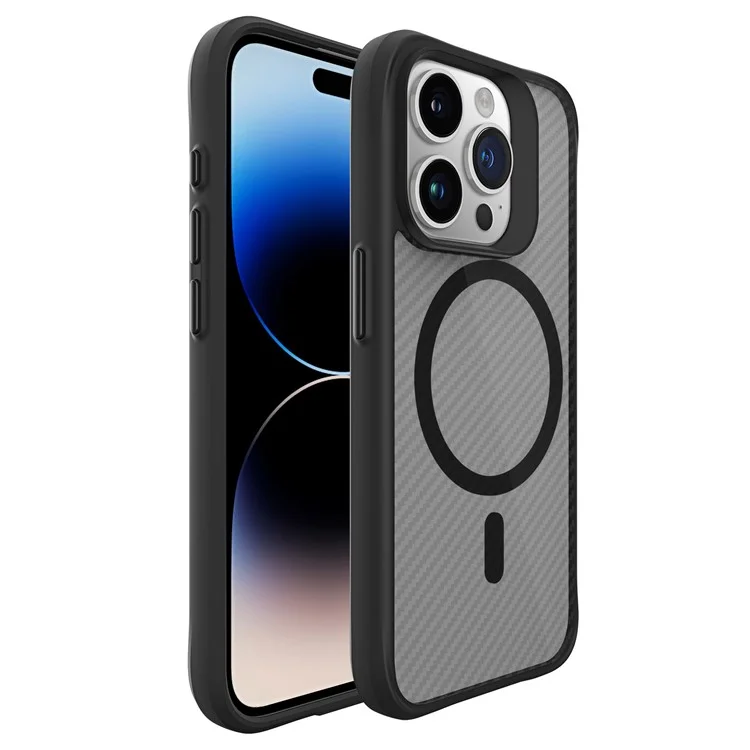 For iPhone 14 Pro Max Case Carbon Fiber Texture Magnetic Phone Cover - Black