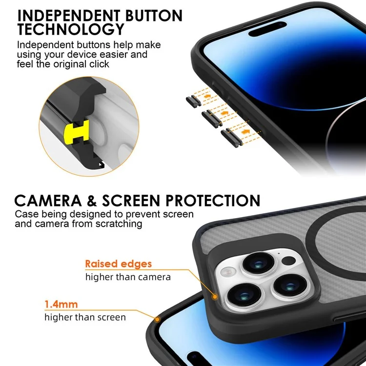 For iPhone 14 Pro Max Case Carbon Fiber Texture Magnetic Phone Cover - Black