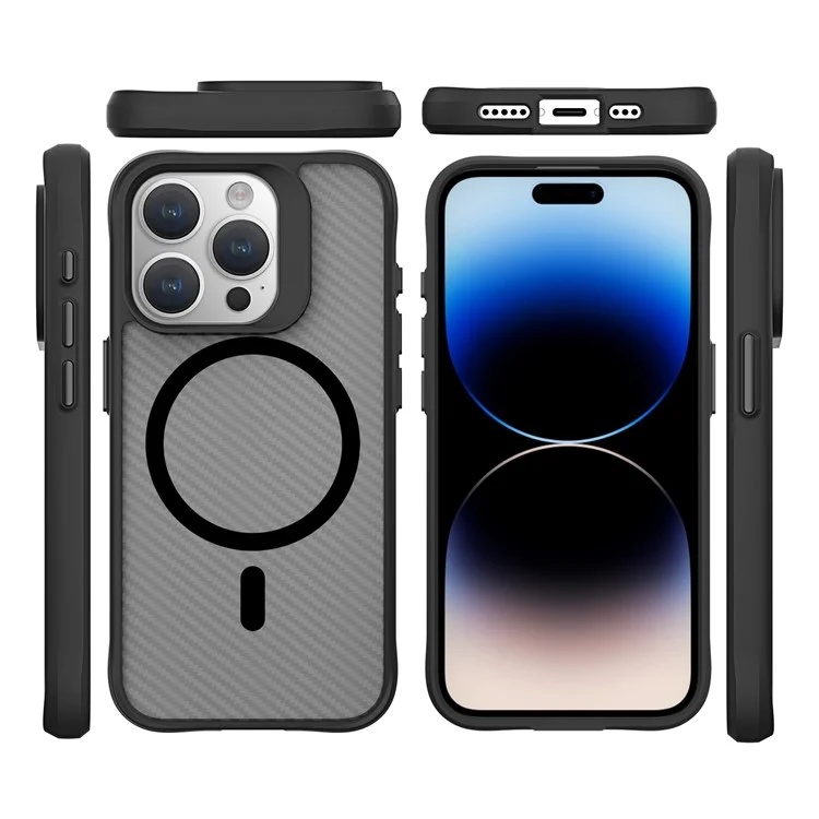 For iPhone 14 Pro Max Case Carbon Fiber Texture Magnetic Phone Cover - Black