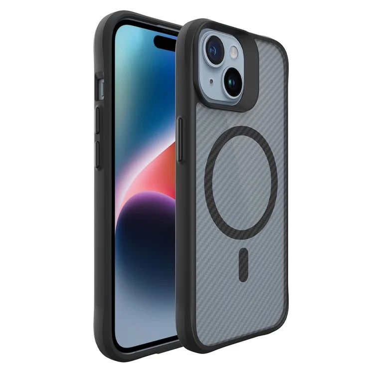 For iPhone 15 Magnetic Case TPU+PC Phone Cover Carbon Fiber Texture Back - Black