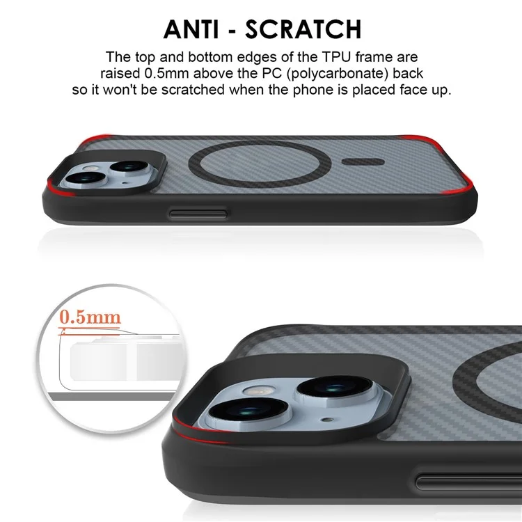 For iPhone 15 Magnetic Case TPU+PC Phone Cover Carbon Fiber Texture Back - Black