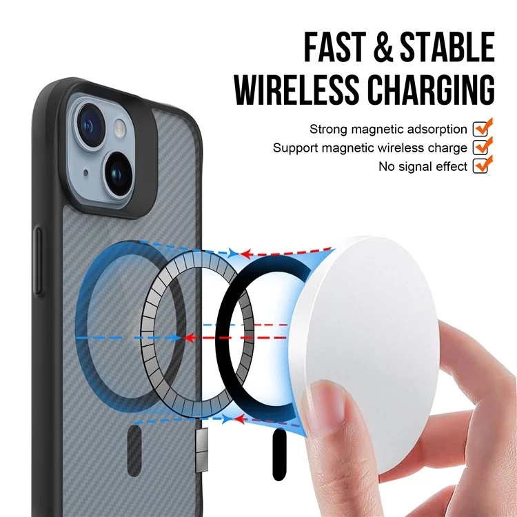 For iPhone 15 Magnetic Case TPU+PC Phone Cover Carbon Fiber Texture Back - Black