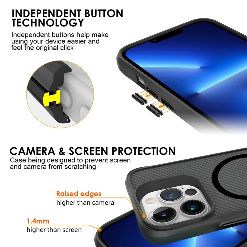 Pour iPhone 13 Pro Coque Magnétique Cas PC+TPU Texture Fibre de Carbone Couvercle Arrière - Noir