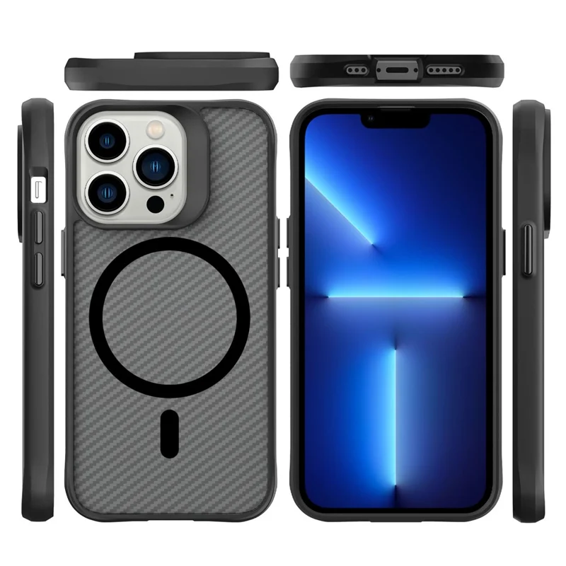 Pour iPhone 13 Pro Coque Magnétique Cas PC+TPU Texture Fibre de Carbone Couvercle Arrière - Noir