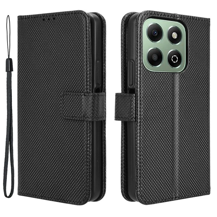 For Honor X6b 4G Phone Stand Case Diamond Texture PU Leather Cover Wallet - Black