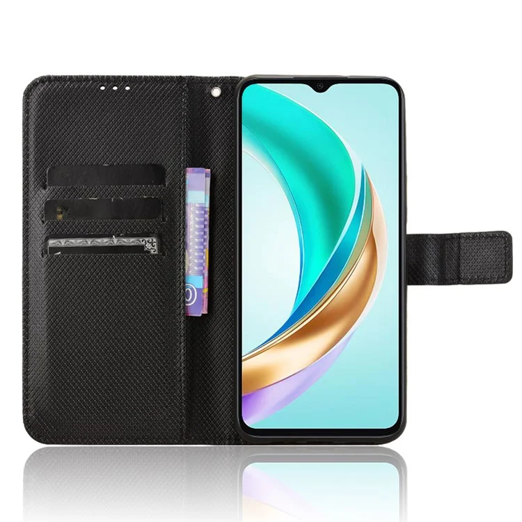 For Honor X6b 4G Phone Stand Case Diamond Texture PU Leather Cover Wallet - Black