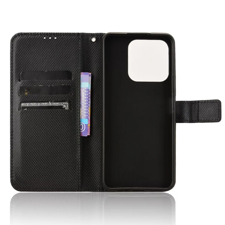 For Honor X6b 4G Phone Stand Case Diamond Texture PU Leather Cover Wallet - Black