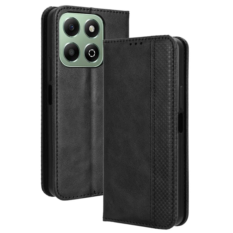 For Honor X6b 4G Cell Phone Case Retro PU Leather Wallet Phone Stand Cover - Black