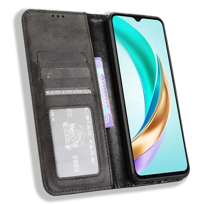For Honor X6b 4G Cell Phone Case Retro PU Leather Wallet Phone Stand Cover - Black