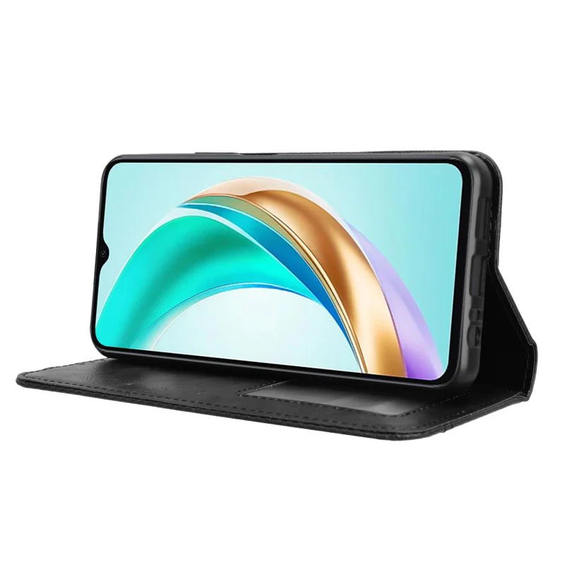 For Honor X6b 4G Cell Phone Case Retro PU Leather Wallet Phone Stand Cover - Black