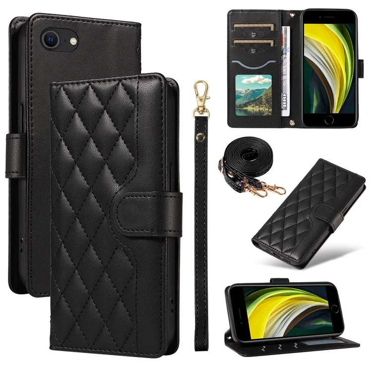Для iPhone SE (2022) / SE (2020) / iPhone 8 / 7 / 6s / 6 Чехол Rhombus Pattern Leather Phone Cover with Straps - Черный