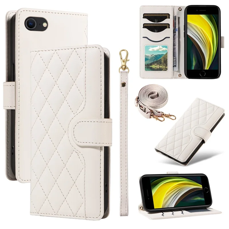 For iPhone SE (2022) / SE (2020) / iPhone 8 / 7 / 6s / 6 Case Rhombus Pattern Leather Phone Cover with Straps - White