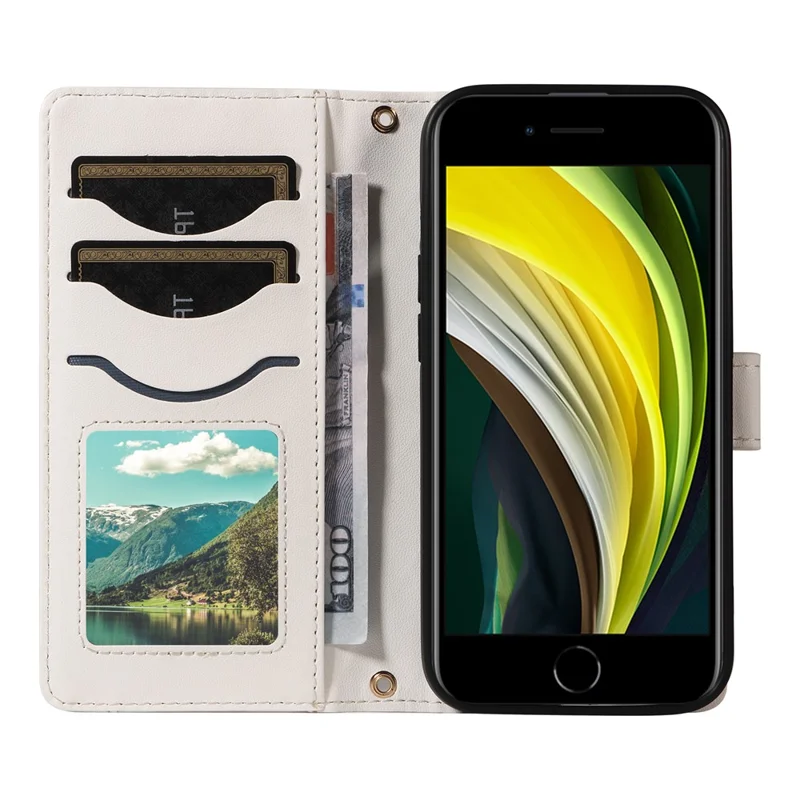 For iPhone SE (2022) / SE (2020) / iPhone 8 / 7 / 6s / 6 Case Rhombus Pattern Leather Phone Cover with Straps - White