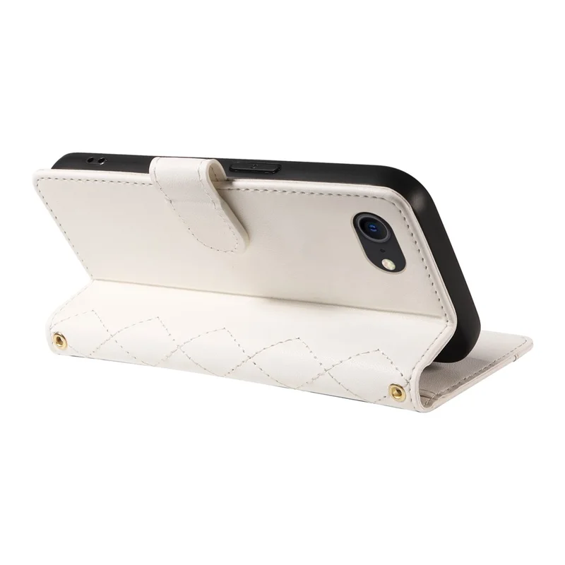 For iPhone SE (2022) / SE (2020) / iPhone 8 / 7 / 6s / 6 Case Rhombus Pattern Leather Phone Cover with Straps - White