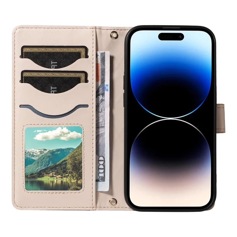 For iPhone 14 Pro Crossbody Case Rhombus Leather Stand Flip Protective Cover - Apricot