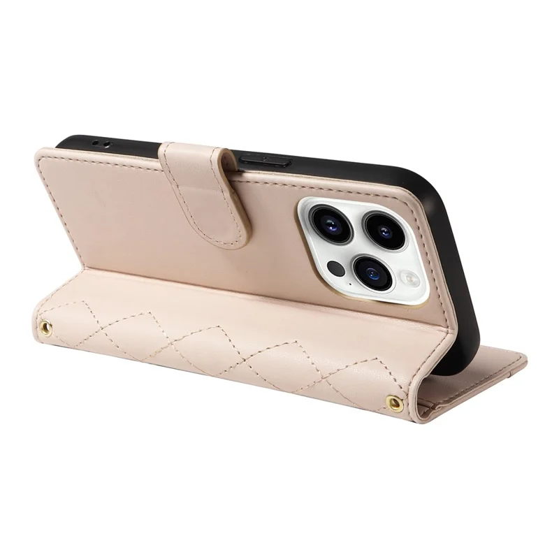 For iPhone 14 Pro Crossbody Case Rhombus Leather Stand Flip Protective Cover - Apricot