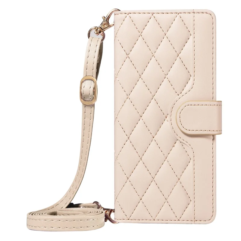 For iPhone 14 Pro Crossbody Case Rhombus Leather Stand Flip Protective Cover - Apricot