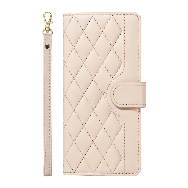 For iPhone 14 Pro Crossbody Case Rhombus Leather Stand Flip Protective Cover - Apricot