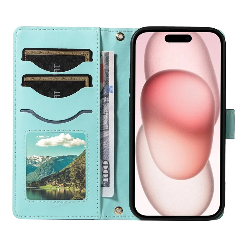 For iPhone 15 Case 3-Card Slot Wallet Rhombus Leather Phone Cover Shoulder Strap Wrist Strap - Green
