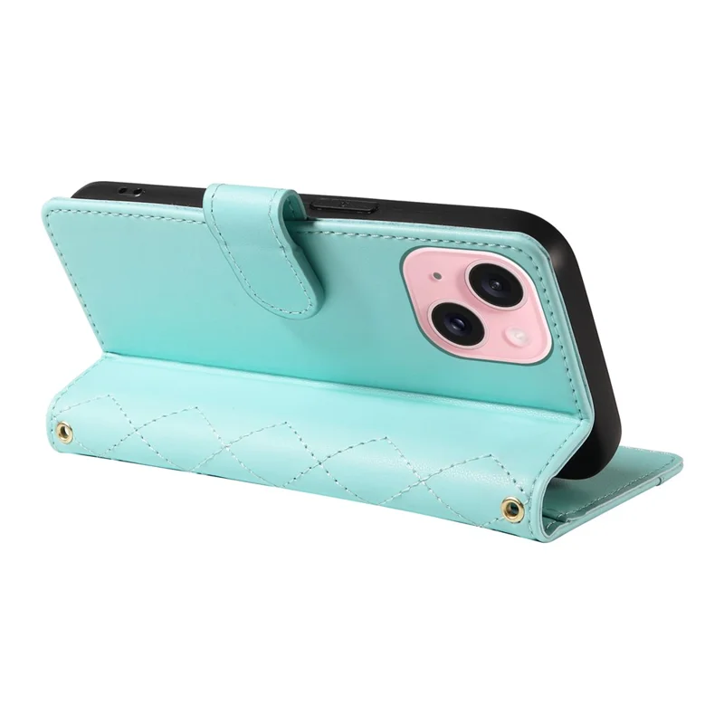For iPhone 15 Case 3-Card Slot Wallet Rhombus Leather Phone Cover Shoulder Strap Wrist Strap - Green