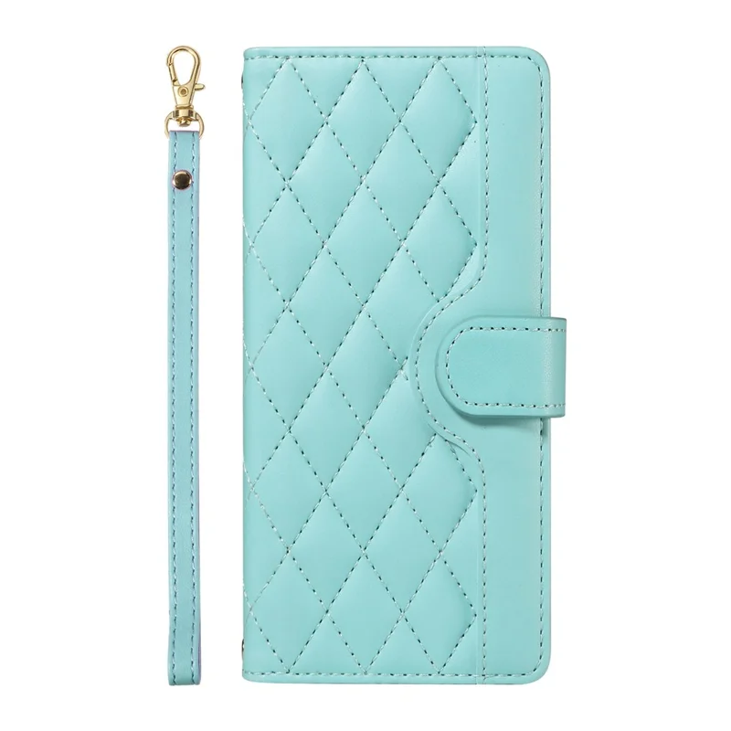 For iPhone 15 Case 3-Card Slot Wallet Rhombus Leather Phone Cover Shoulder Strap Wrist Strap - Green