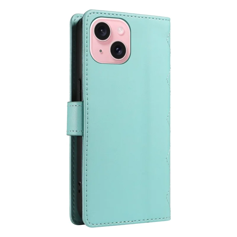 For iPhone 15 Case 3-Card Slot Wallet Rhombus Leather Phone Cover Shoulder Strap Wrist Strap - Green