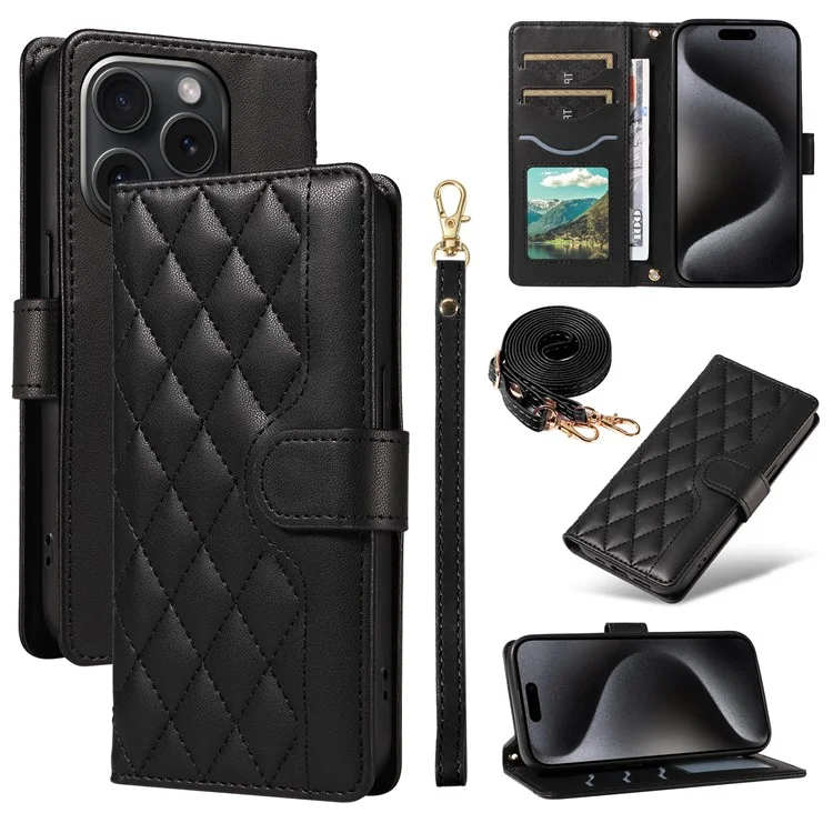 Funda para iPhone 15 Pro, funda de piel con estampado a cuadros y correa cruzada - Negro