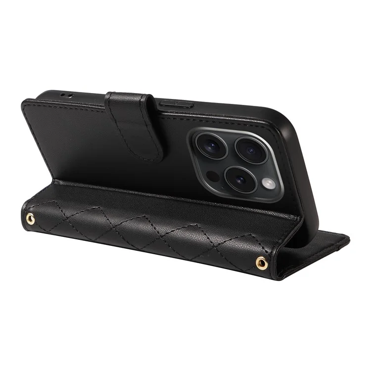 Funda para iPhone 15 Pro, funda de piel con estampado a cuadros y correa cruzada - Negro