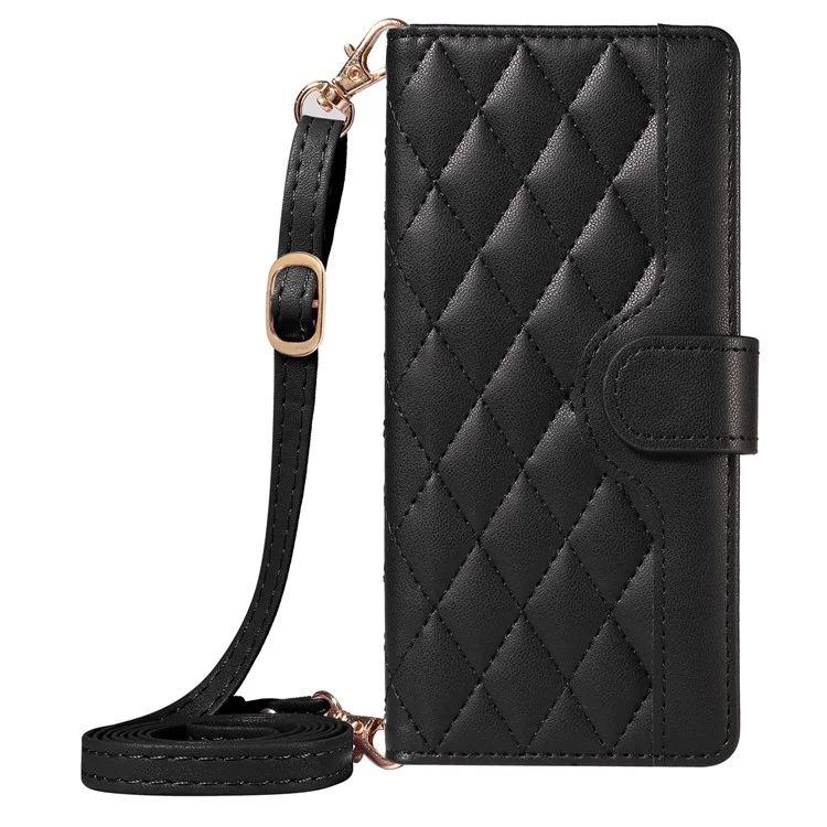 Funda para iPhone 15 Pro, funda de piel con estampado a cuadros y correa cruzada - Negro