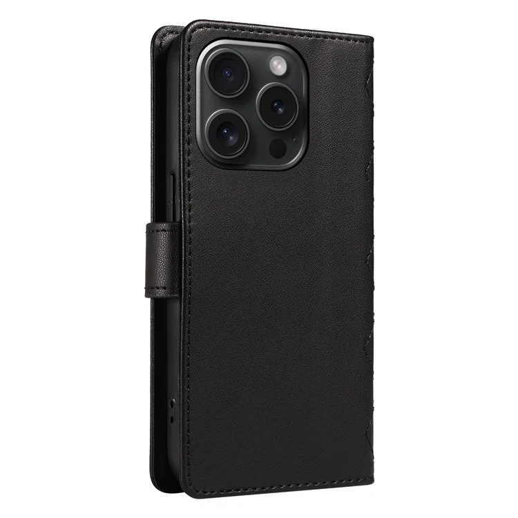 Funda para iPhone 15 Pro, funda de piel con estampado a cuadros y correa cruzada - Negro