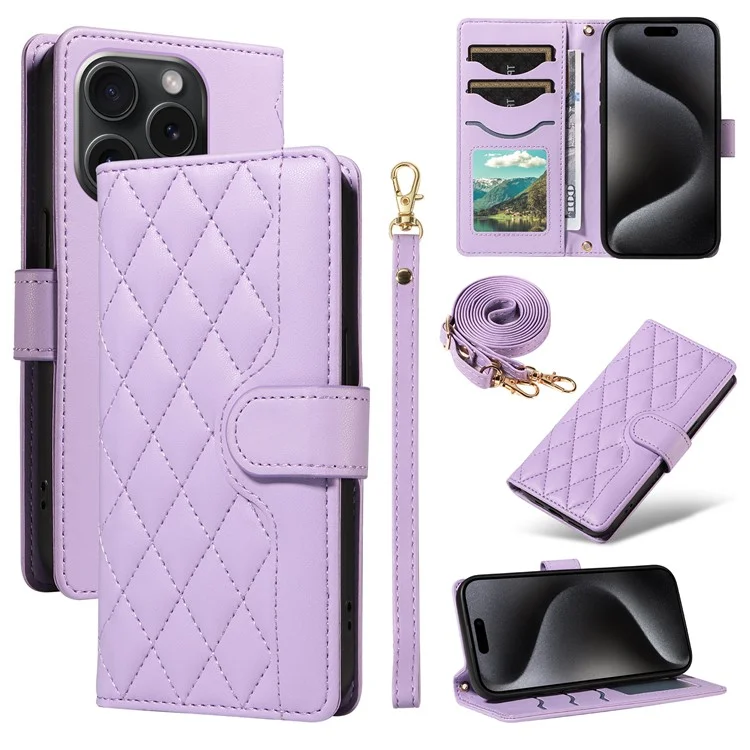 For iPhone 15 Pro Case Checkered Texture Leather Phone Cover with Crossbody Strap - Light Purple