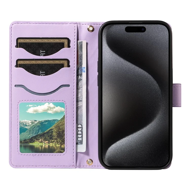 For iPhone 15 Pro Case Checkered Texture Leather Phone Cover with Crossbody Strap - Light Purple