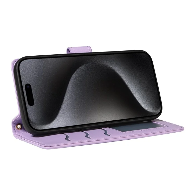 For iPhone 15 Pro Case Checkered Texture Leather Phone Cover with Crossbody Strap - Light Purple